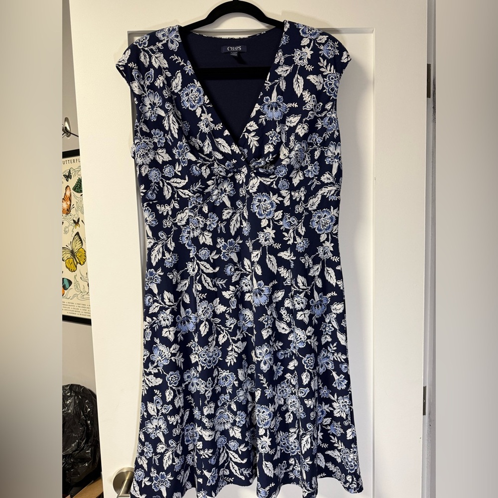 Chaps Navy and White Floral Midi Dress